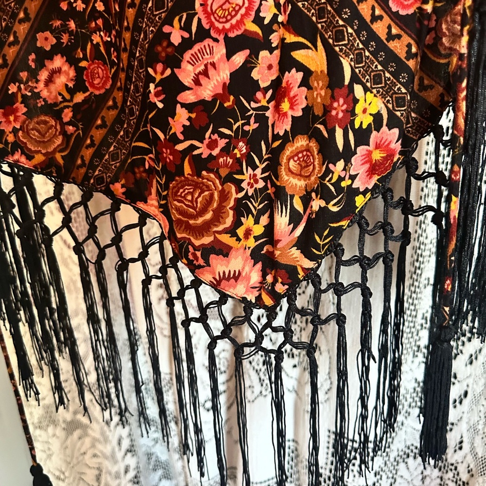 Spell Floral Fringe Kimono Duster - Black with Pink & Orange Roses - Picture 3 of 6